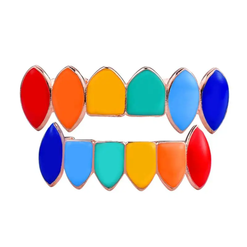 Hip Hop Gold Plated Colorful Rainbow  Fangs Top and Bottom Grill