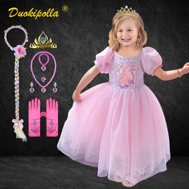 Disfraz de Bella Durmiente para niña vestido de princesa Aurora, vestido rosa de lentejuelas manga abombada, vestido de Rapunzel para Fiesta infantil| | - AliExpress