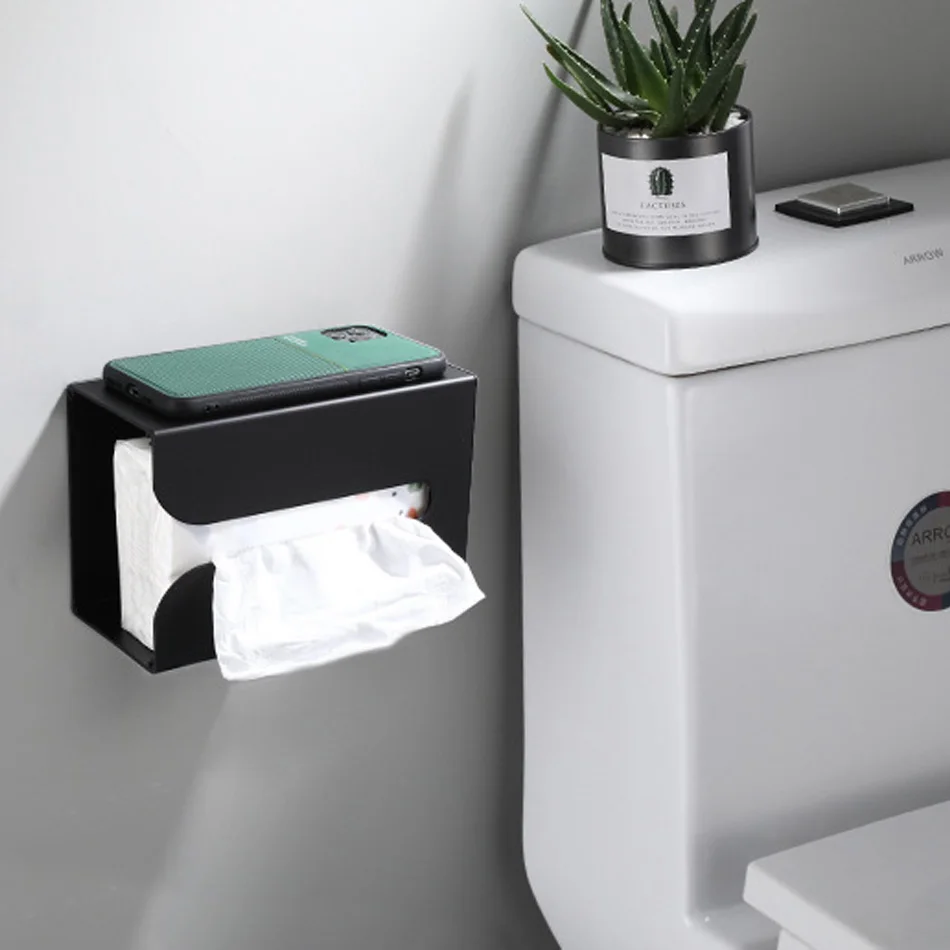 

Black Paper Holder Space Aluminium Wall Mounted Stand WC Paper Towel Rack with Phone Shelf for Toilet Kitchen Bathroom Hotel