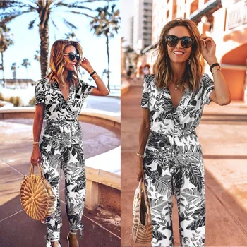 

Hot Selling Spring Summer 2020 Fashion Trend Printed V Neck Short Sleeve Female Jumpsuit Women