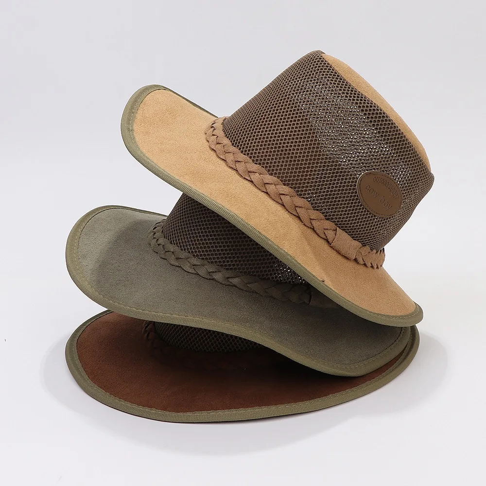 Summer Man Cowboy Hats Casual Style Suede Breathable Mesh Labeling Decoration Large Brim Sunshade Outdoor Travel Cool Caps | Аксессуары