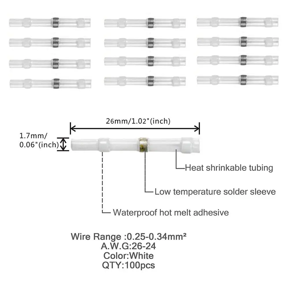 IZTOSS 100 шт. 26-24AWG водонепроницаемый припой и Уплотнение Термоусадочная Стыковая клемма разъемы