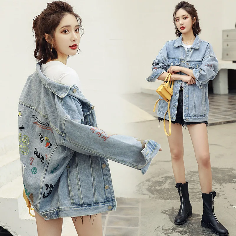 

Embroidered Jeans Coat Women's Short 2019 Spring And Autumn Tops Loose Casual Large Size Fashion Embroidery Short Coat Jacket