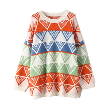 

Geometrical Rhombus Color Matching Pullover Tops Women's Clothes Spring Autumn Mid-length Plus Size Knitted Sweater TA1133