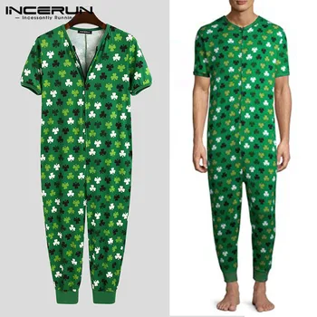 

Man Fashion Overalls Summer Mens Printed Jumpsuit Sleepwear Short Sleeve V Neck Homewear Leisure Breathable Rompers 5XL INCERUN