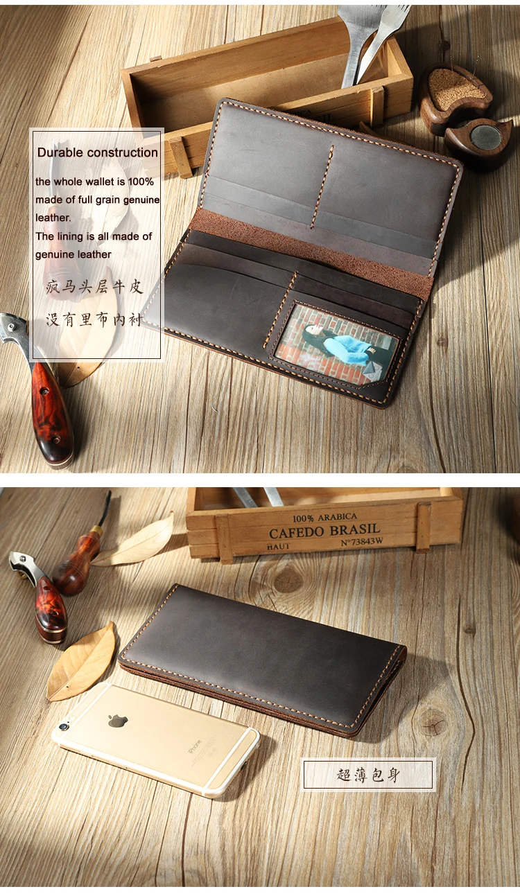 100% Handmade Vintage Crazy horse Genuine Leather wallet men long wallet Leather men Purse male money clips money bag Clutch Bag 5