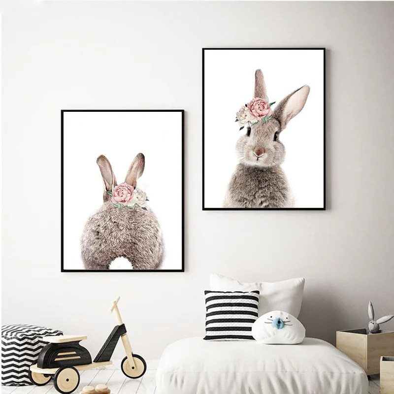 

2 panels Minimalist Bunny Rabbit Wall Art Painting Print And Poster Nursery Wall Pictures for Living Room Kids Room Decoration