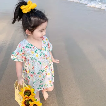 

Girls' dress 2020 summer new V-neck children's floral dresses Korean fashion foreign style baby girl simple wear 8-9