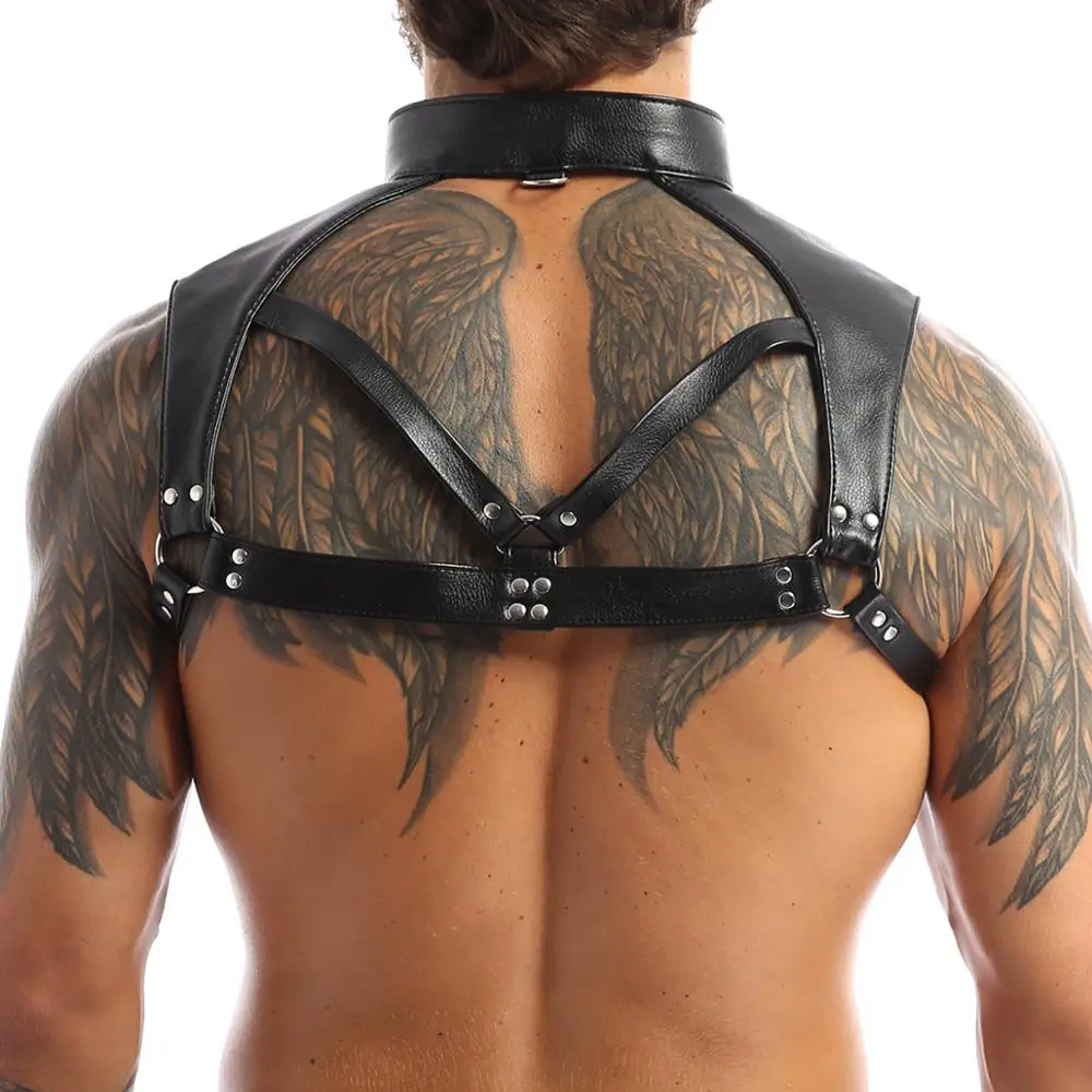 iEFiEL Men Faux Leather Adjustable Wetlook Body Chest Harness Bondage Costume with Choker Neck Press Buttons for Nightclub Party