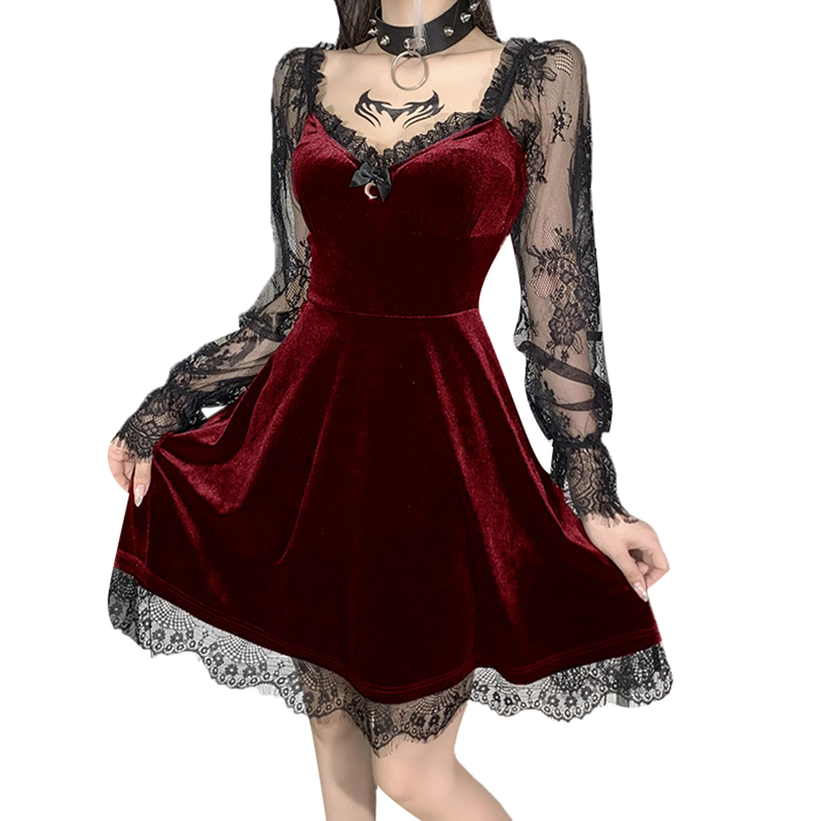 Hot Sale Fashion Lady Sexy Velvet Dress Women Vintage Aesthetic Dark Gothic  Punk Sexy Strapless Dress Y2k Lace Trim Party Dress