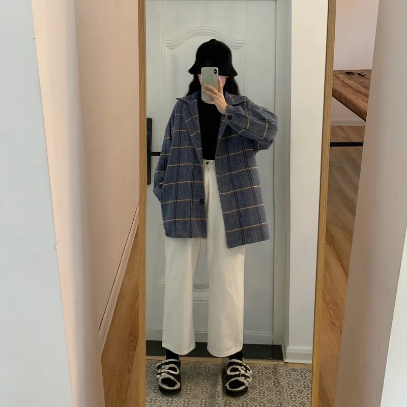 Factory Price Autumn And Winter New Style Korean-style BF Style Loose Retro Plaid Woolen Coat Student Woolen Overcoat