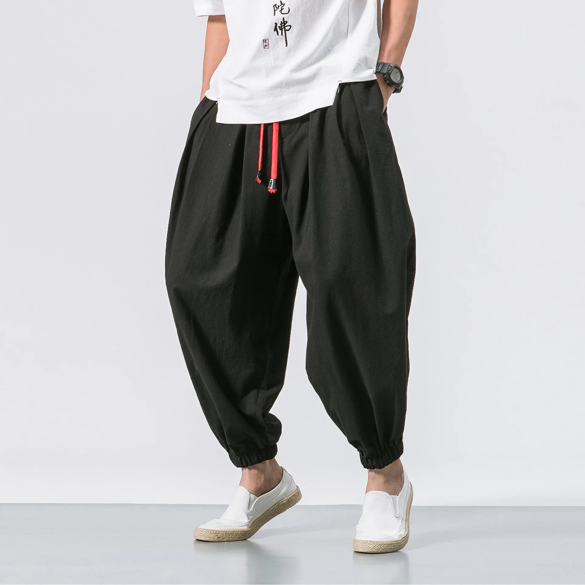 

Summer Wear Loose Thin Back Rise Width Trousers Men's Japanese-style Solid Color Trousers Cotton Linen Harem Loose And Plus-size