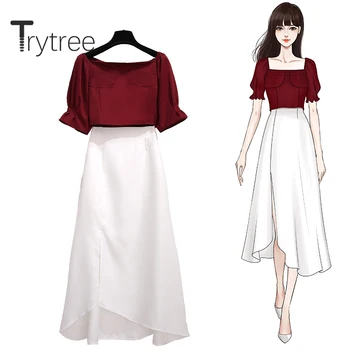 

Trytree 2020 Summer Women two piece set Casual Square Collar Solid Short Tops + Skirt Irregular Split hem Fashion 2 piece Set