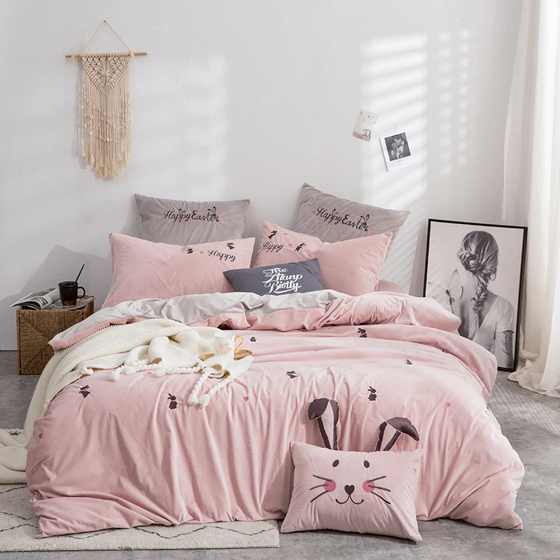

Winter Fleece Velvet Lovely Rabbit Bedding Set Warm Flannel Embroidery Quilt cover Sheet Pillowcases Queen King size 4/6/7pcs