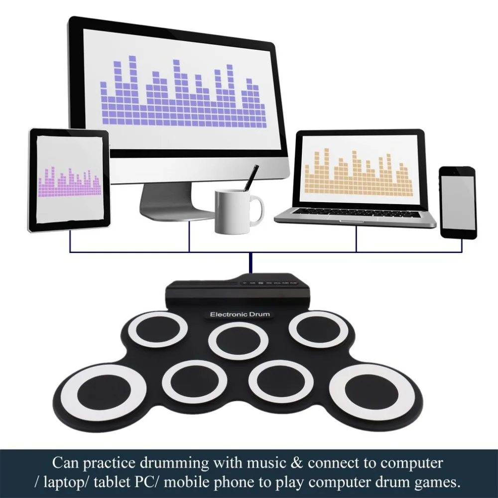 TSAI профессиональные 7 силиконовых подушечек портативный цифровой USB рулон складной силиконовый электронный набор барабанов с барабанными палочками педаль