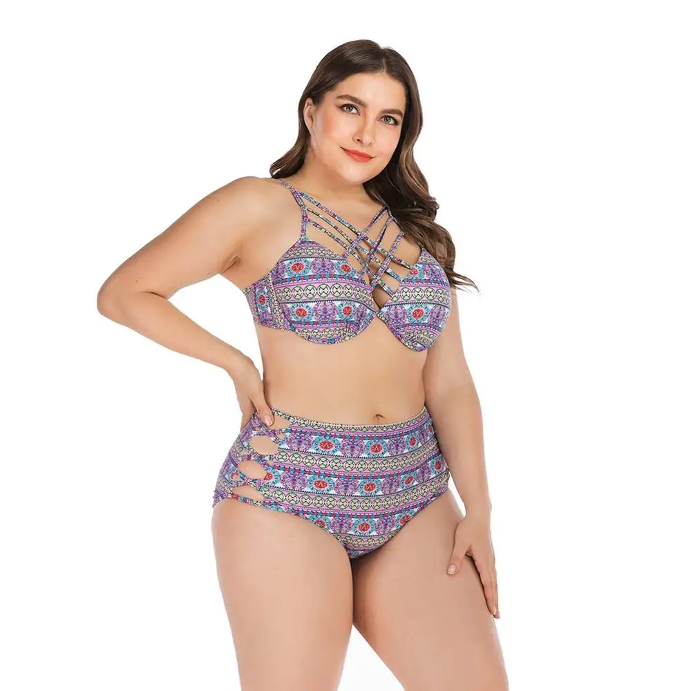 

Women Beach Swimming Suit Tankini Printed Strappy High Waist Hollow-out Swimwear Bikini Top Bottom Lady Plus Size Swimsuit