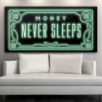 

Office Hanging Painting Text "Money Never Sleeps" Inspirational Decorative Painting Wall Art Canvas Poster Kitchen Pictures