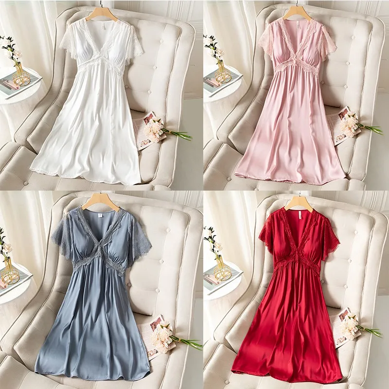 Lace V-neck Nightdress Women Satin Nightgown Sleep Dress Summer Sleepwear Short Sleeve Nightwear Home Dressing Gown Nighty Robe