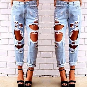 

Women's Sexy Destroyed Ripped Distressed Denim Harem Pants Skinny Faded Casual Slim Fit Cool Denim Cotton Jeans Boyfriend Jeans