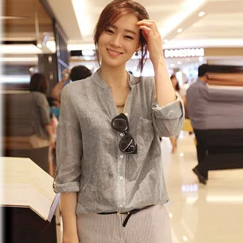 

2020 Fashion Women Shirt Casual Shirt Three Quarter Sleeve Stand Peculiar Casual Tops Linen Solid Shirts Blouse Блузки Женские#3