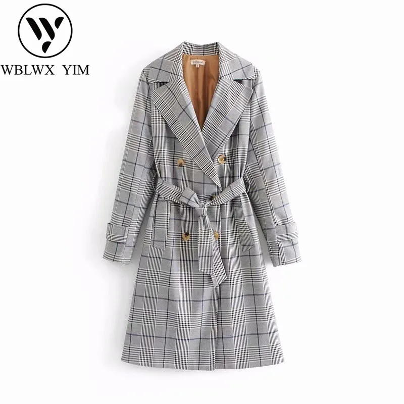 

Classic Double Breasted long Trench coat women Fashion plaid Belt slim Trench coat women Spring autumn casual Business outerwear
