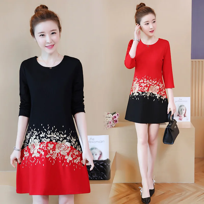 

2018 Autumn And Winter Large Size Dress-Style Joint Industrial Embroidery Large GIRL'S Three-quarter-length Sleeve Base Dress