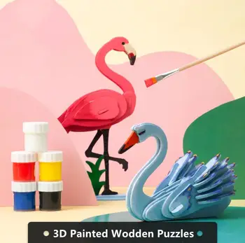 

3D wodden puzzle hand painted color animal vehicle flamingo lion etc 3D Wooden Puzzle Toy Assembly