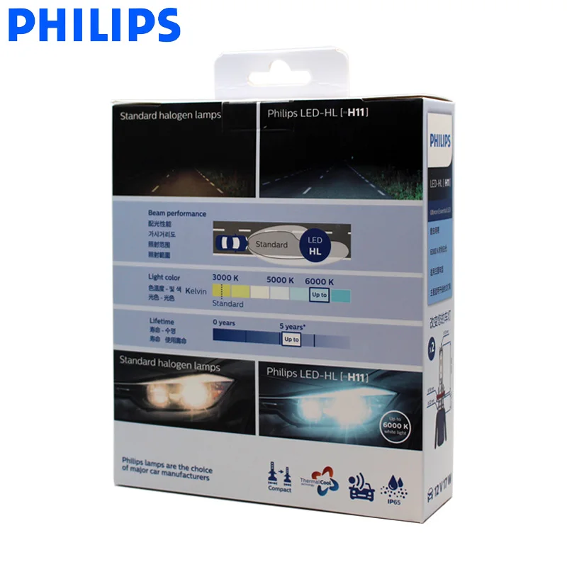 Philips светодиодный H11 Ultinon Essential автомобильные лампы 6000 К яркий белый светильник