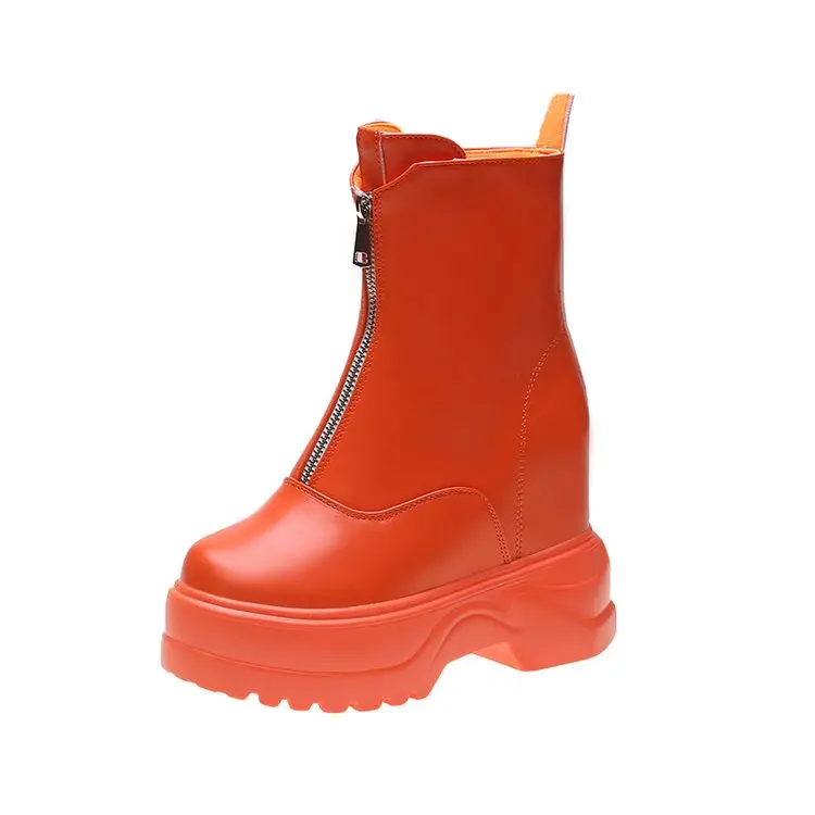 LMCAVASUN/Модная обувь на плоской подошве на молнии; женские ботинки из искусственной кожи на платформе и высоком каблуке; обувь из коровьей кожи на шнуровке; Ботинки martin для девочек - Цвет: Оранжевый