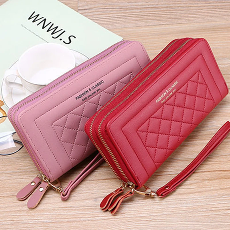 

Fashion Long Double Zipper Ladies Wallets Big Capacity PU Leather Card Holder Phone Money Bag Female Wristband Purses Clutch