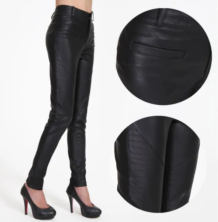 Фото Женские брюки из искусственной кожи черные с высокой талией для мотоцикла на