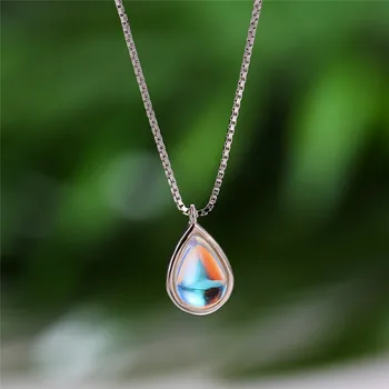 

TF-301 Cute Female Water Drop Moonstone Pendant Necklace 100% Real 925 Sterling Silver Crystal Wedding Necklaces For Women