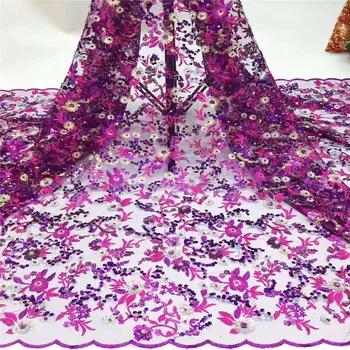 

African French Mesh Lace Fabric in Rose Red High Quality Embroidery 3D Sequins Tulle Lace Fabric Material 5 Yards / Pieces