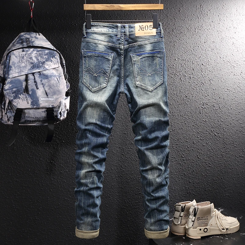 Newly Vintage Fashion Jeans High Quality Retro Blue Elastic Slim Fit Ripped Jeans Men Embroidery Designer Casual Denim Pants
