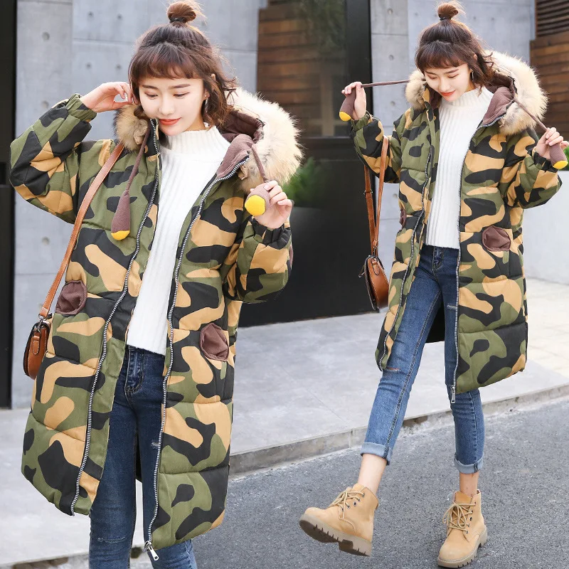 

2019 Winter New Style Mid-length Cloak Cotton-padded Clothes Korean-style Camouflage down Jacket Cotton-padded Clothes Loose Thi