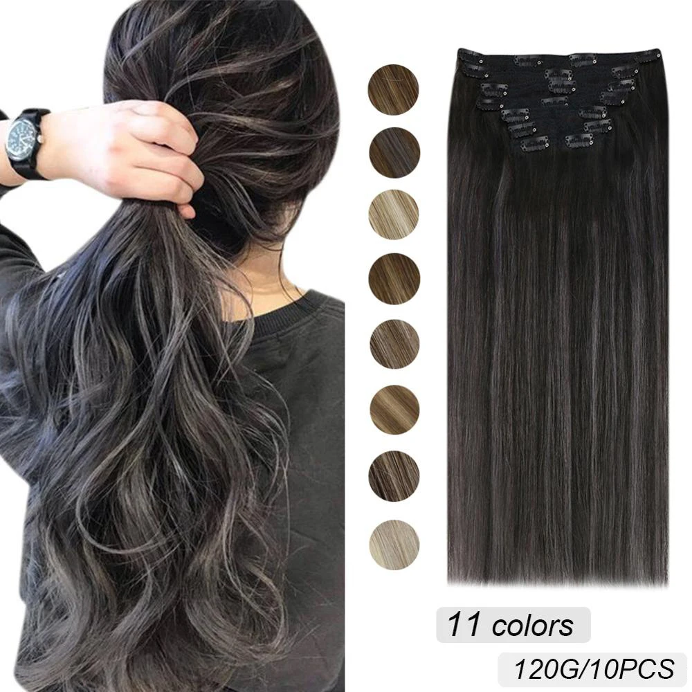 

[11 Colors] Ugeat Thick Clip in Hair Extensions 14-24" Full Thick End Clip on Hair 120G/10Pcs Double Drawn Weft Human Hair