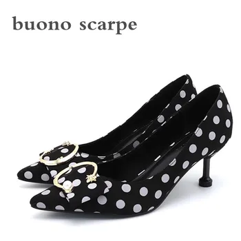 

Wholesale high heels 2019 ladies new round high heels Korean version of pointed metal C buckle cat with shoes shallow mouth sing