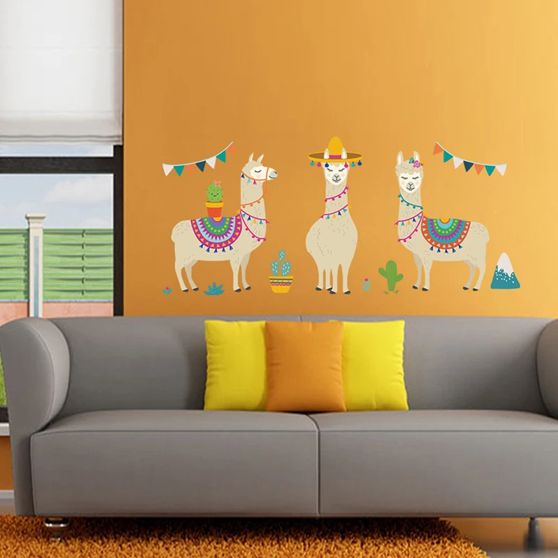 Мультфильм лама животные Индийский стиль Alpacas настенные стикеры s для детей настенные наклейки в комнату ПВХ стены снимающаяся Настенная Наклейка стикер s