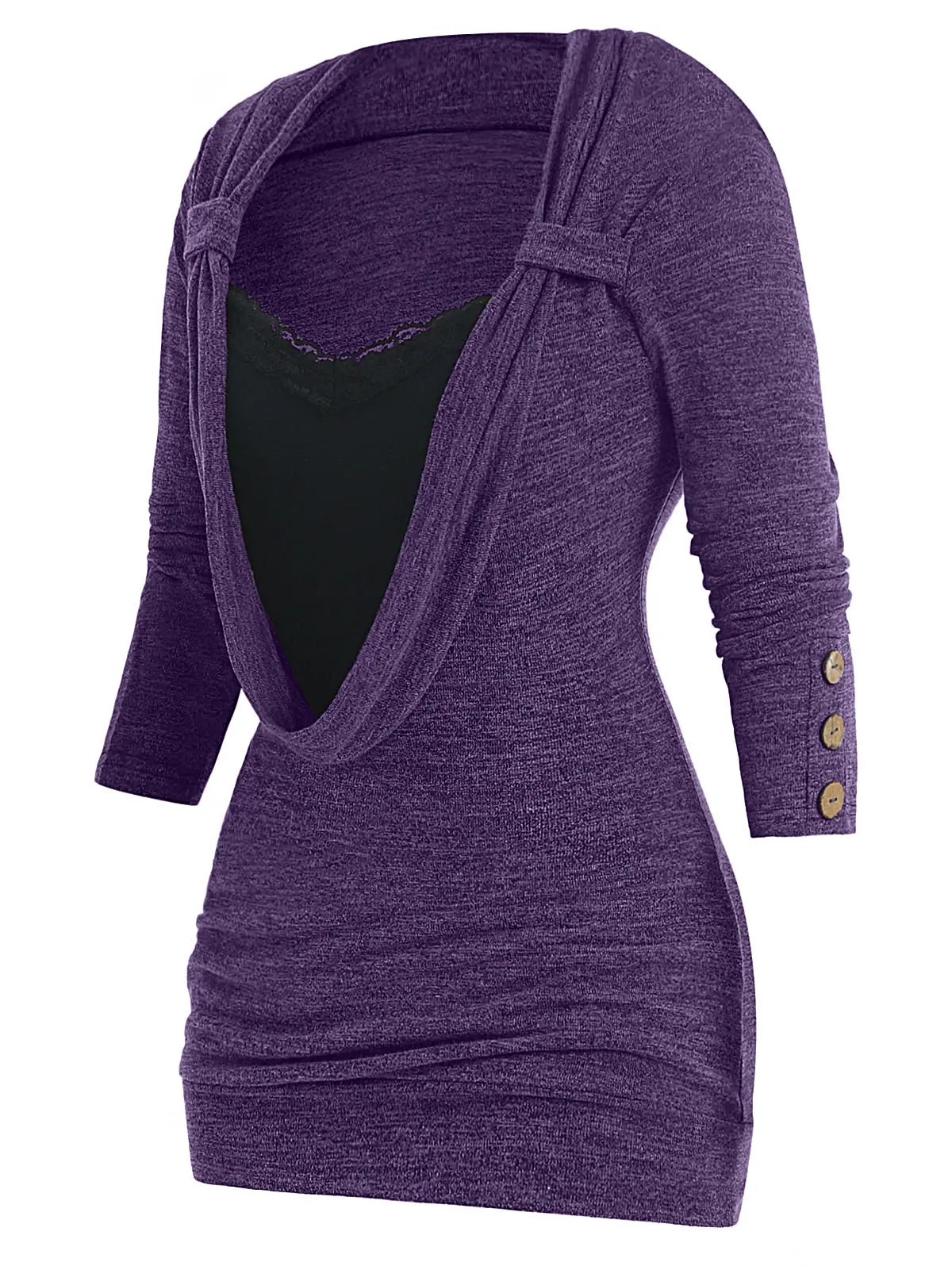 ROSEGAL, женская футболка плюс размера, однотонная, кружевная, на пуговицах, украшенная, из искусственного меха, Твинсет, футболка с длинным рукавом, топы 5X - Цвет: Purple Iris
