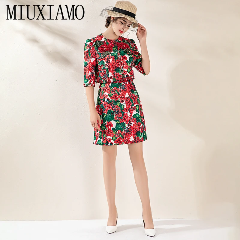 MIUXIMAO, лучшее качество, осень, офисный женский костюм-двойка, элегантный топ с коротким рукавом+ роскошная юбка с красным цветком, костюмы Vestidos