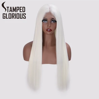 

Stamped Glorious Long White Lace Front Wig Swiss Lace Natural Glueless Pink/Black/Yellow Straight Synthetic Wigs for Black Women