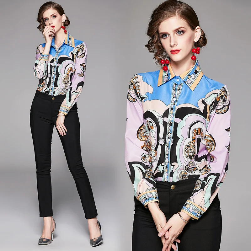 Womens Blouses Casual Shirts Office Lady Long Sleeve Turn-down Collar Print Blouses Womens Tops And Blouses Elegent 2019 Autumn