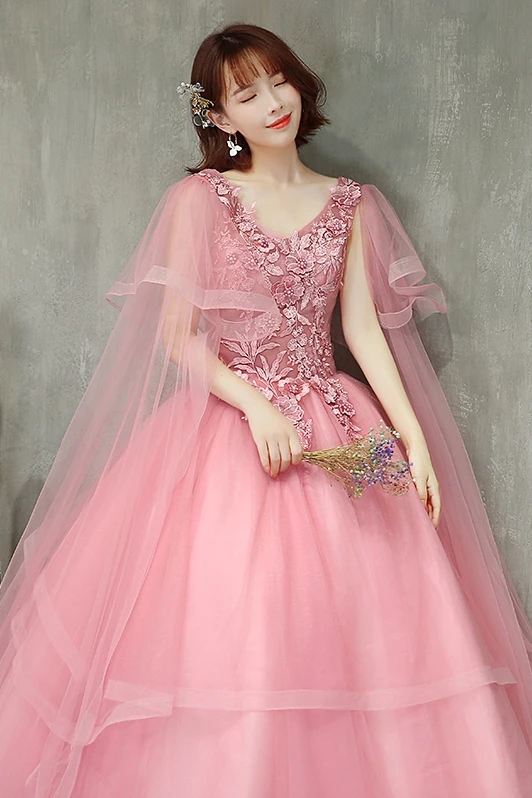 Розовые платья Quinceanera с накидкой для девочек с юбкой из тюля с цветами ручной работы Аппликация из бисера милое бальное платье 16 платья Vestidos De 15 Anos