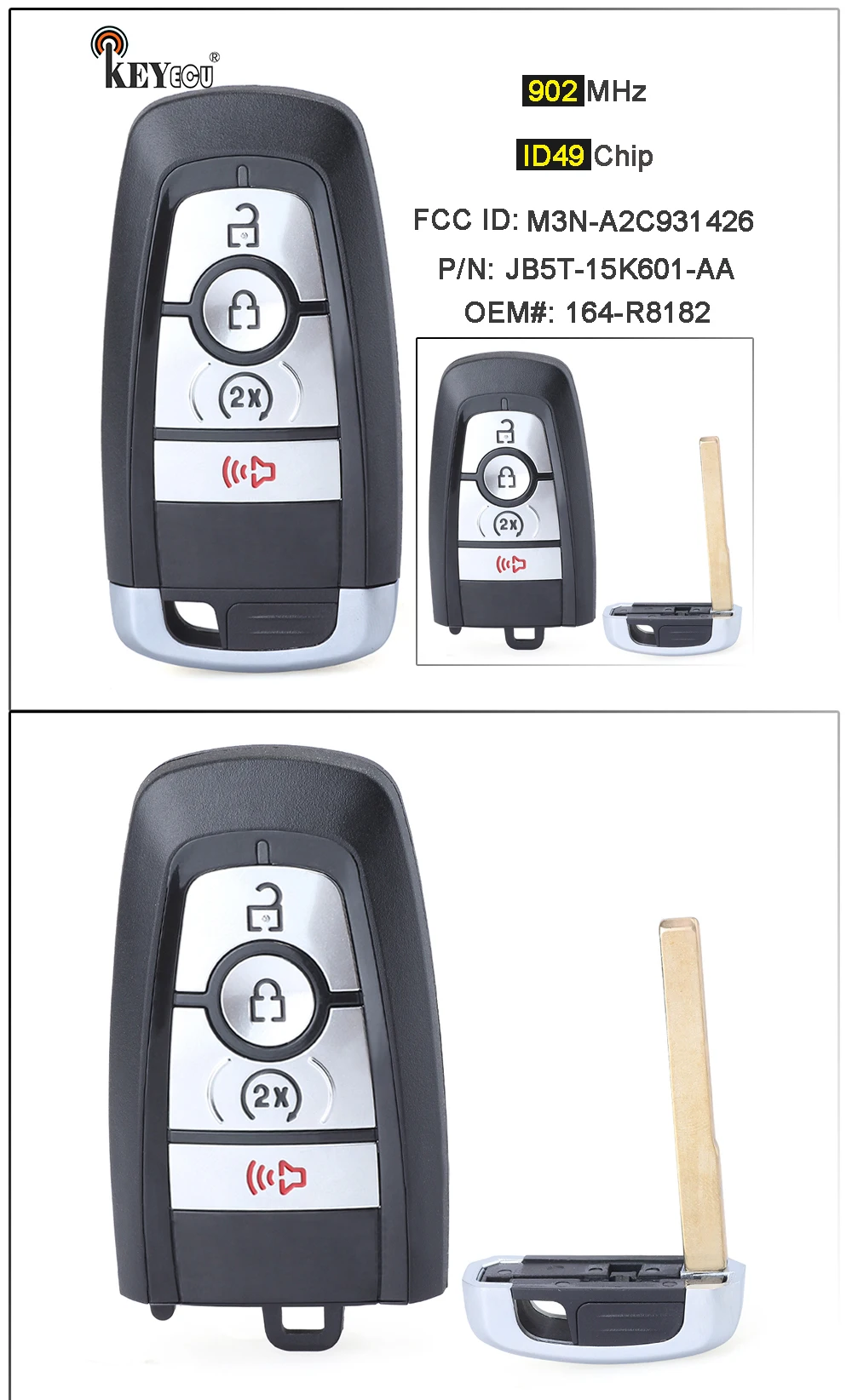 Keyforkess 902MHz ID49 Chip 164-R8182 M3N-A2C931426 JB5T-15K601-AA Smart Remote Key Fob per Ford Edge Ranger 2017-2022 - H9549e59555594f0aaab4e6c45bb709ac8