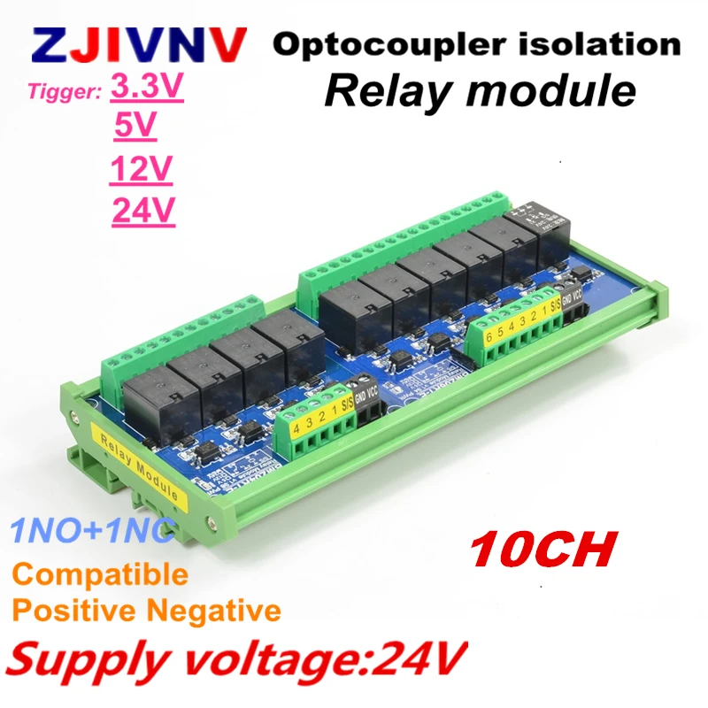 

DC 24V 10 channels Optocoupler isolation Relay Interface Module tigger voltage 3.3V 5V 12v 24V PLC Signal Amplification Board