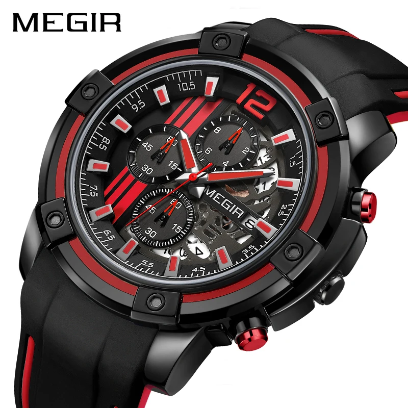 

MEGIR Chronograph Mens Sport Watches with Silicone Band Big Dial Military Quartz Watch Men Clock Relogio Masculino Reloj Hombre
