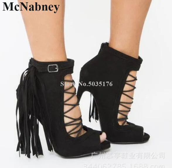 

McNabney Sexy Women Sandals Catwalk Fringe Cross-tied Hollow Buckle Stiletto Heel Peep Toe Sandals Summer Fashion Women Shoes