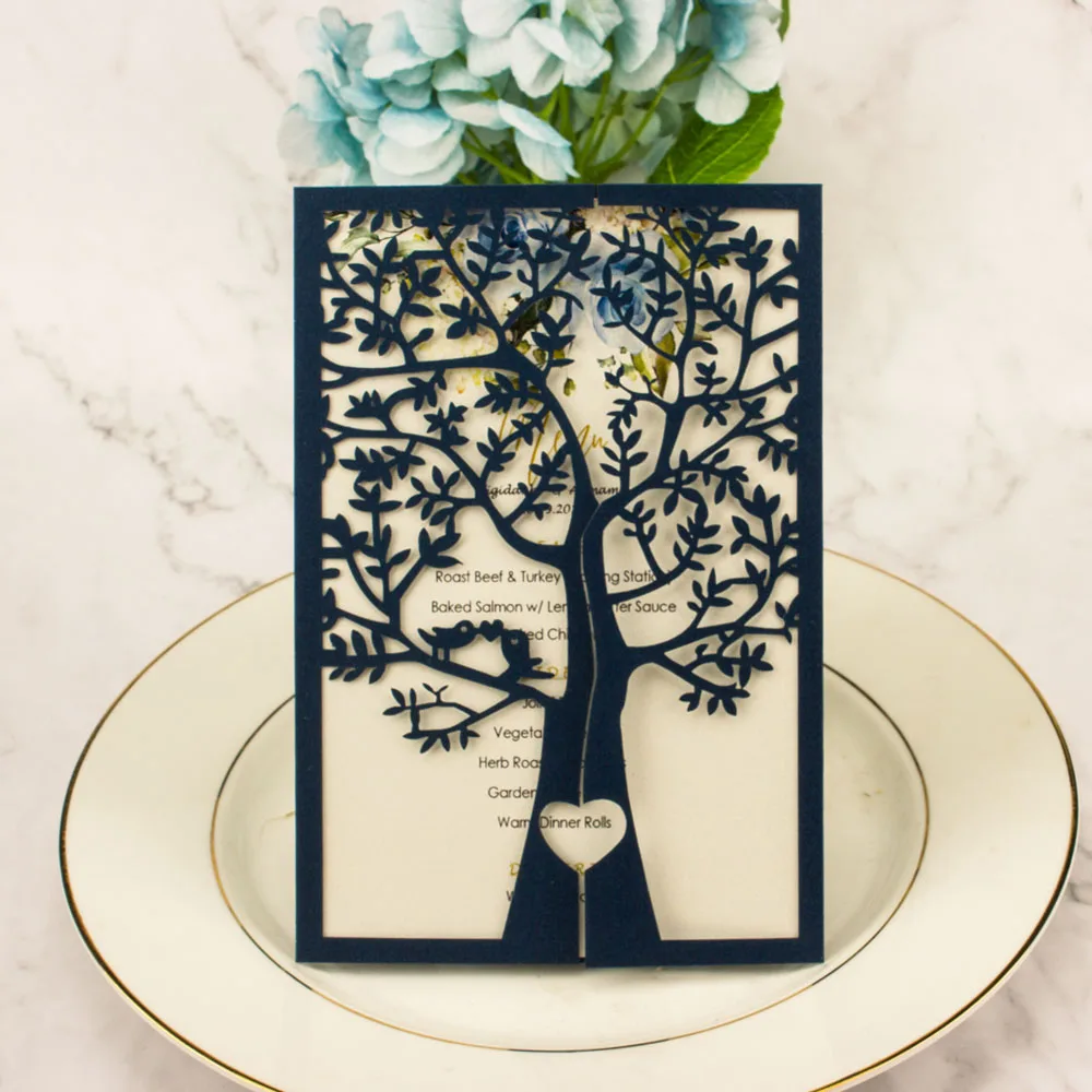 1X White Navy Blue Gold Silver Glitter Hollow Tree Laser Cut Pocket Sleeve Invite DIY Wedding invitation Card Envelope Greeting