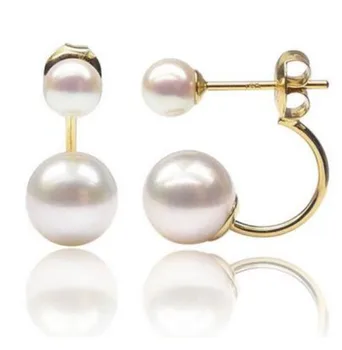 

Free shipping 5-8.5MM White Real Akoya Double Pearl Ear 14 Solid Yellow Gold