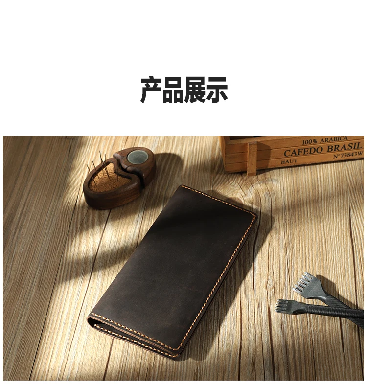 100% Handmade Vintage Crazy horse Genuine Leather wallet men long wallet Leather men Purse male money clips money bag Clutch Bag 2